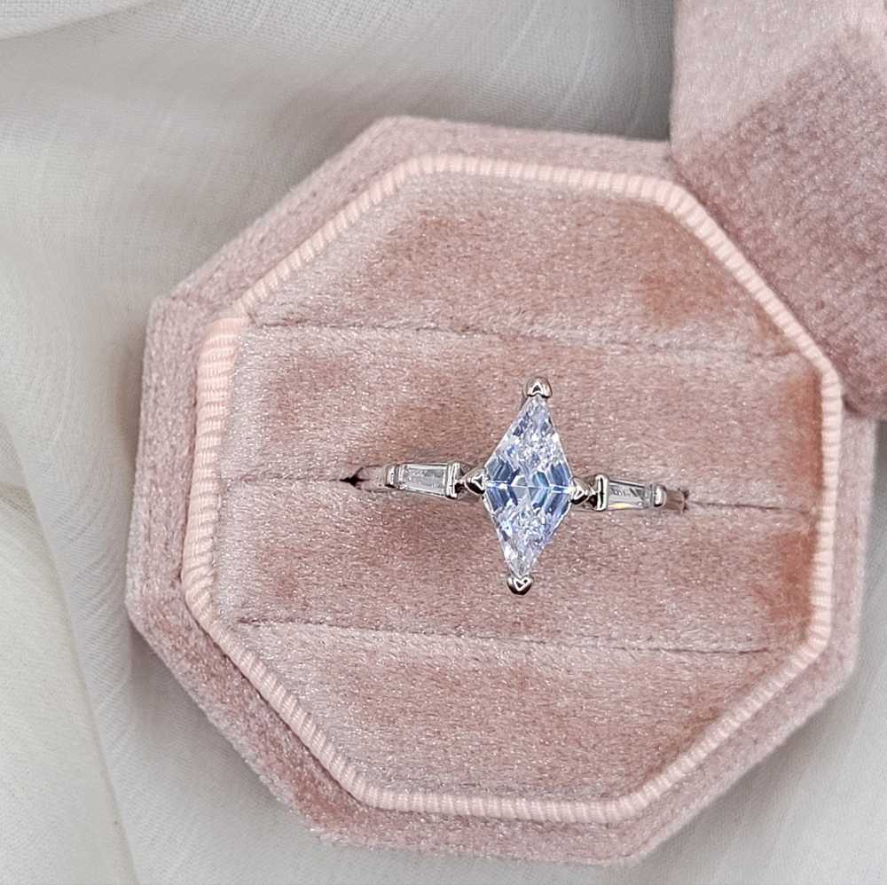 Unique Rhombus-Cut Diamond Ring with Baguette Accents